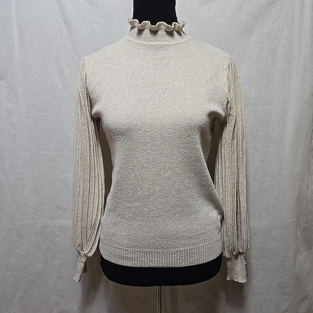 Nanette Lepore Sweater Womens Large Pullover Shimmer Gold Pleated Sleeve Knit